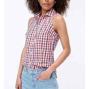 J. Crew Sleeveless Cotton Poplin Top Signature Fit Red White Blue BI366 Size PL